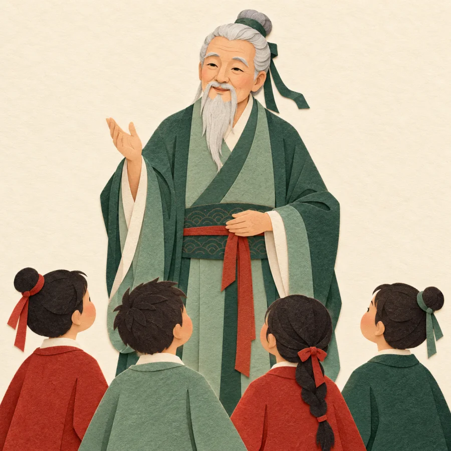 An elderly teacher in a green robe before his students