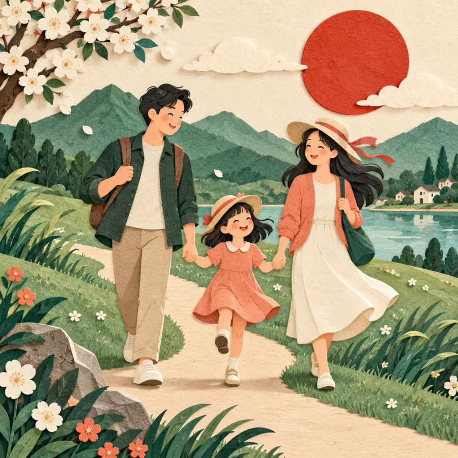 A family walks across a meadow under a bright sun
