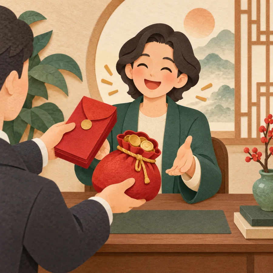 A person receives a red envelope and a heavy bag of coins