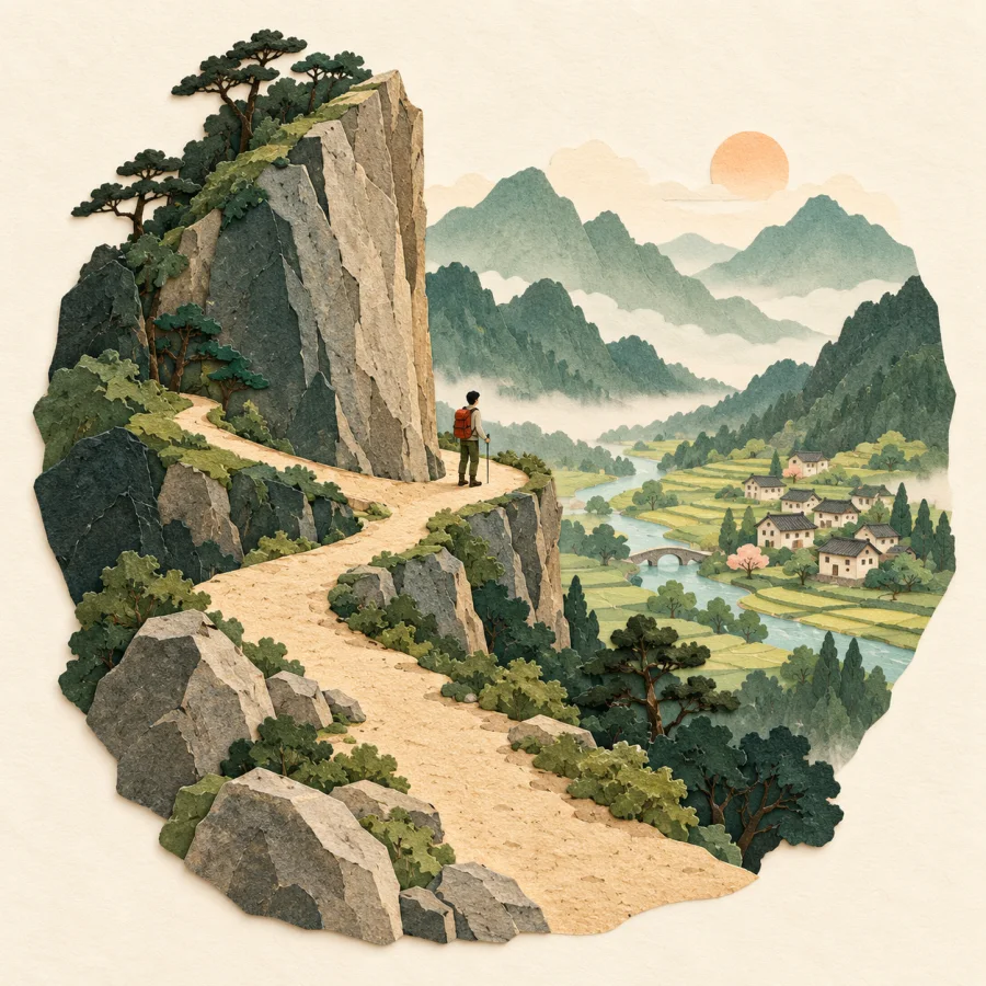 A hiker rounds a rock and sees a village in the valley