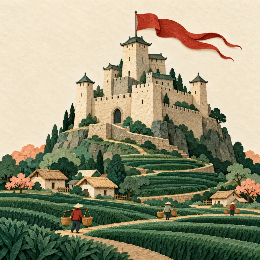 A stone castle on a hill above farm fields