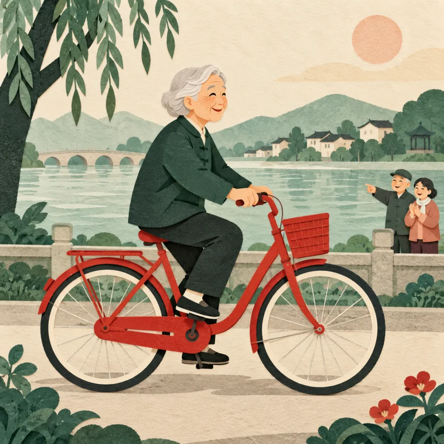 An old man on a colourful bike and smiling passers-by