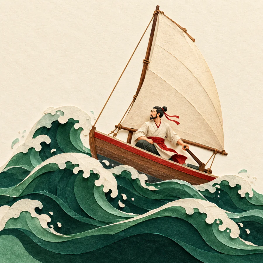 A sailboat riding tall dark waves