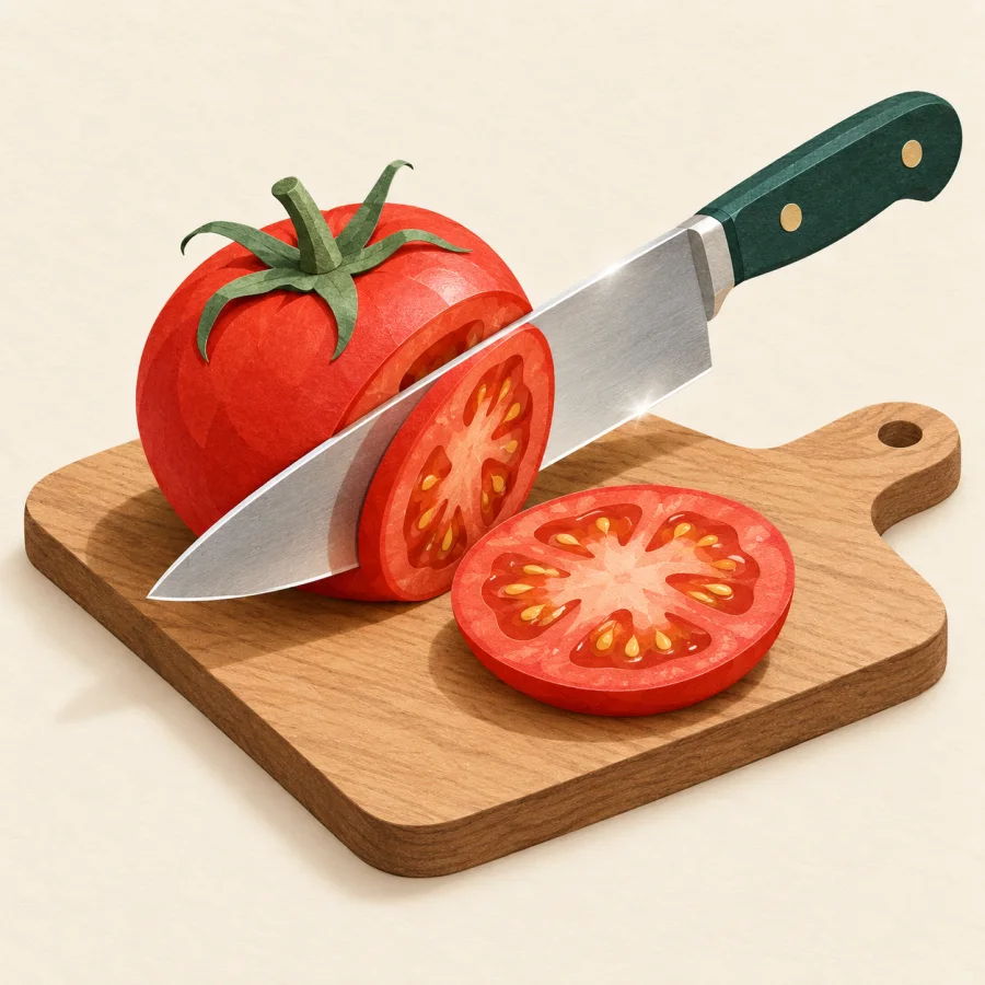 A shiny knife cleanly slices a red tomato