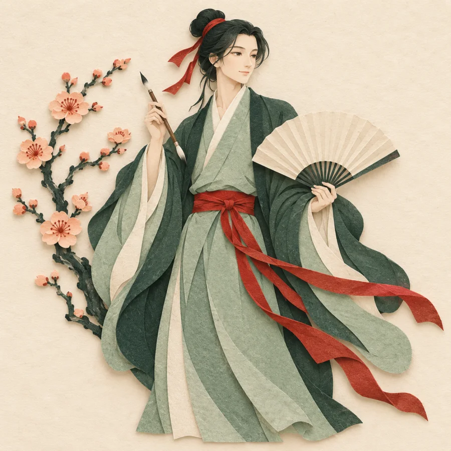 A scholar in a green robe with a brush and fan