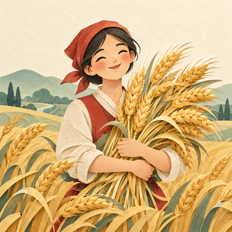 A person holds a bundle of heavy golden wheat ears
