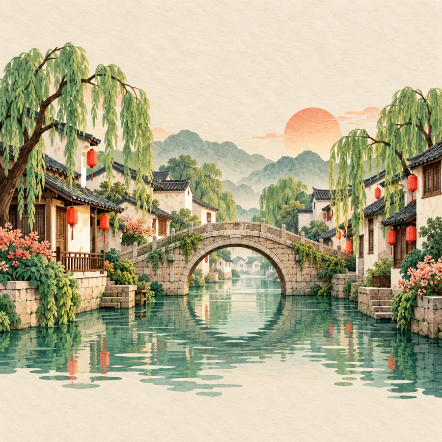 An old town with a canal, a bridge and lanterns