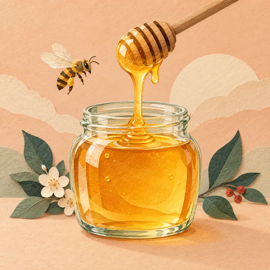 A jar of golden honey, a dipper and a small bee