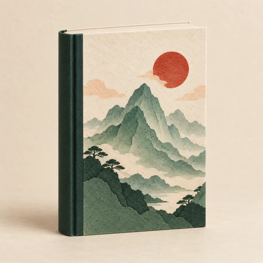 A book with a painted mountain and red sun on the cover