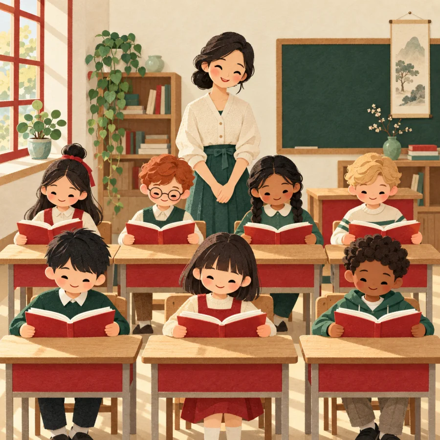 Students quietly read books in a bright classroom