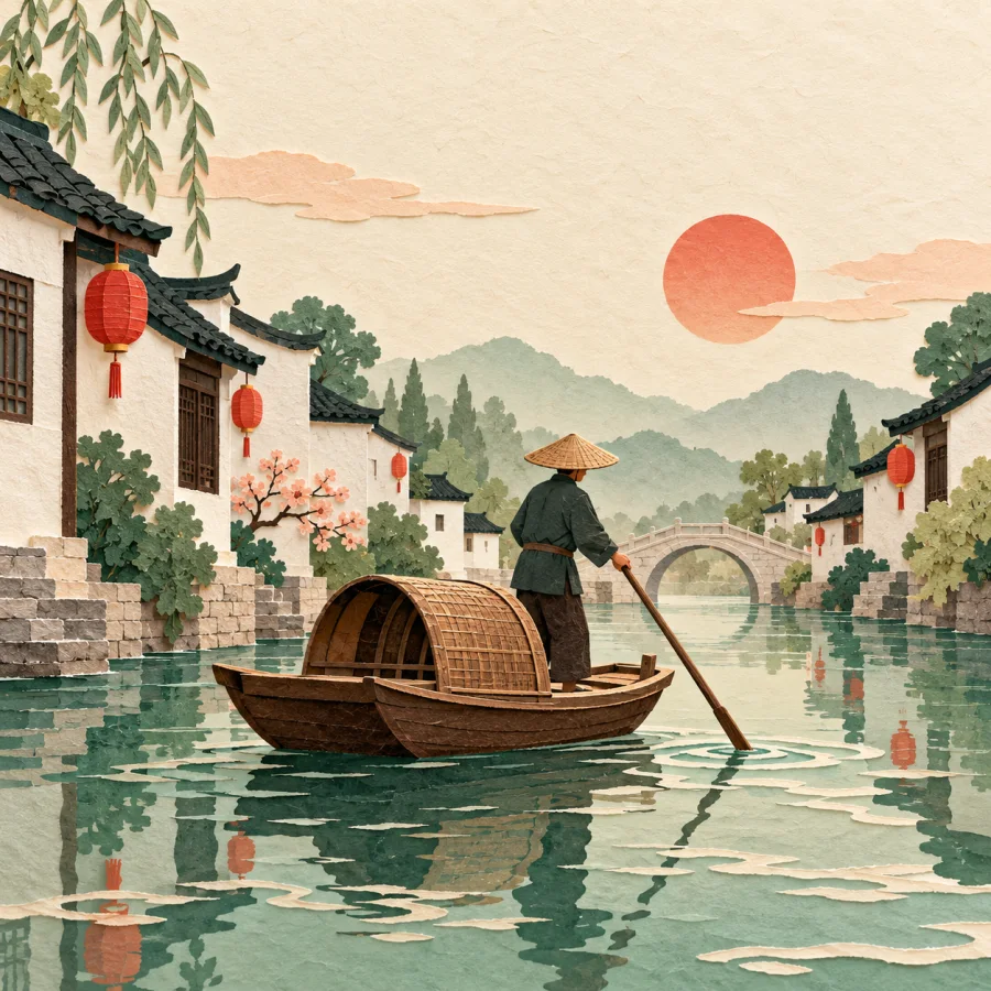 A boatman on a canal among white houses and lanterns