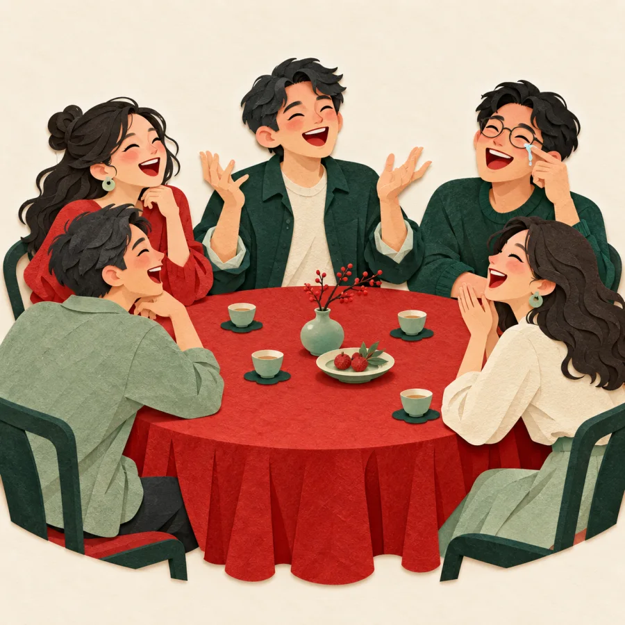 A cheerful person tells a joke to laughing friends
