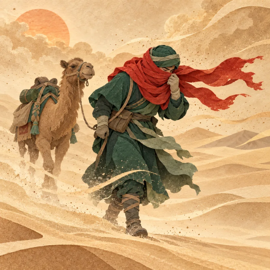 A traveller in a red scarf walks through blowing sand
