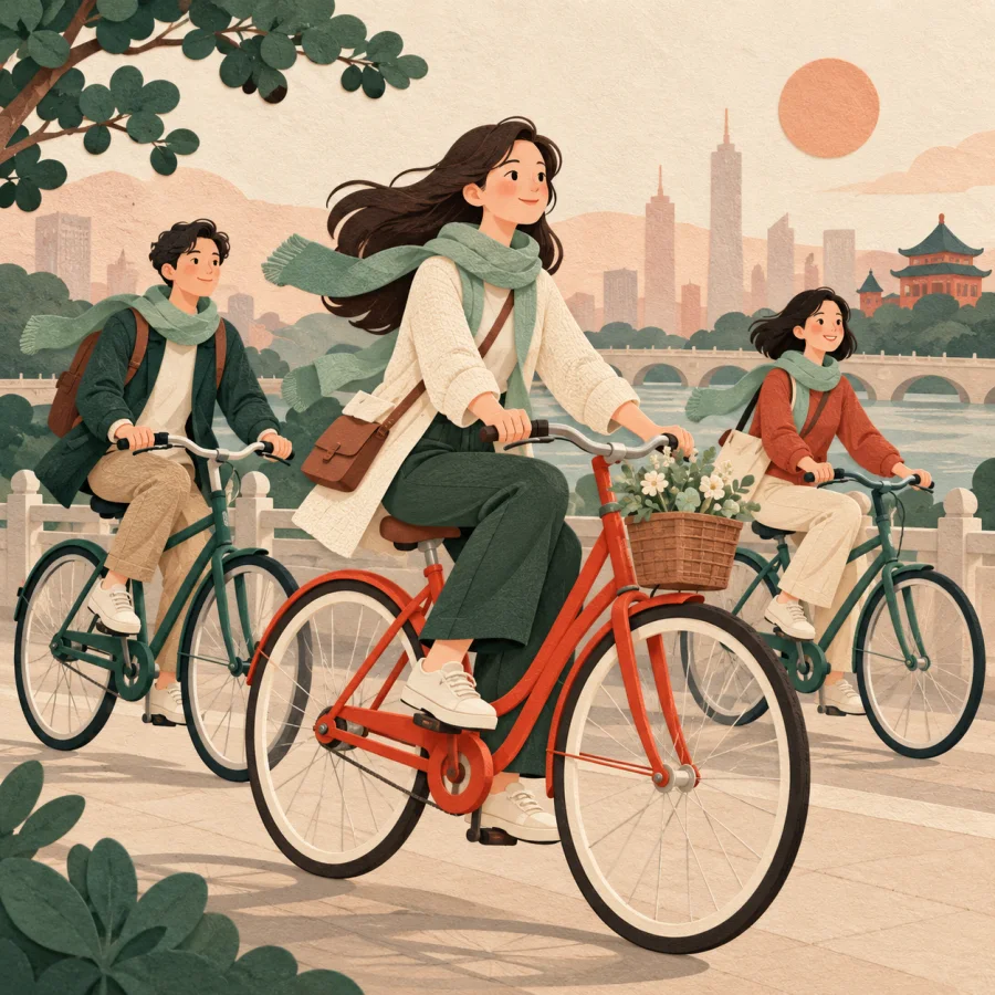 Young people in matching scarves ride bicycles
