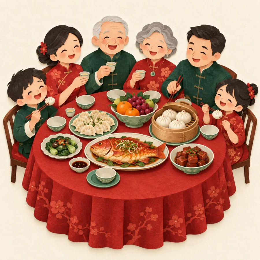 A family around a table laden with many dishes