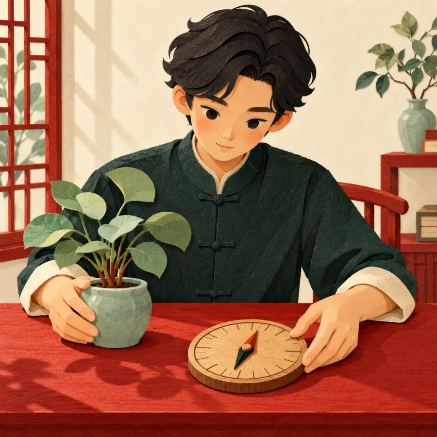A person arranges a plant and a round disc on a desk