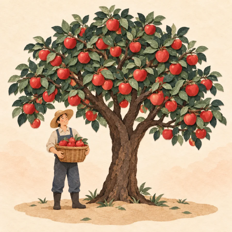 A farmer carries a full basket of red apples by a tree