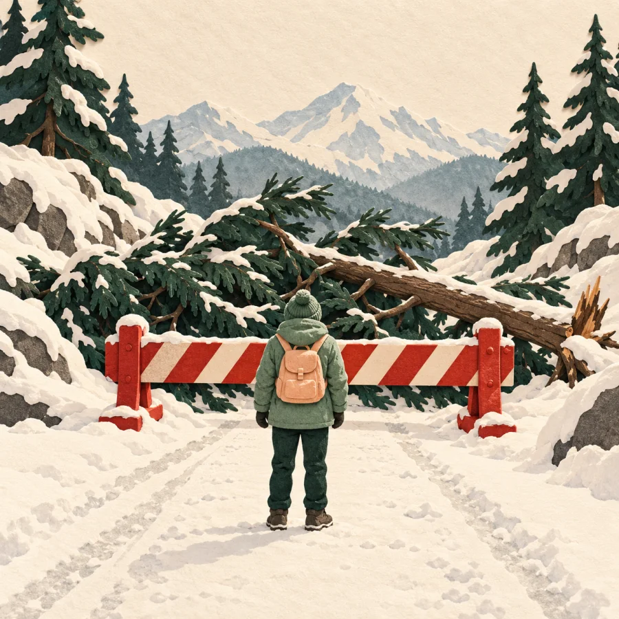 A traveller stops before a blocked snowy road