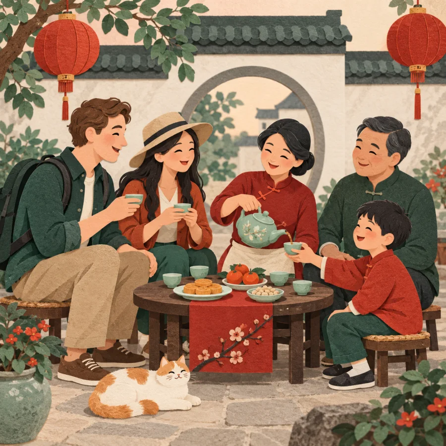 Travellers drink tea with a local family in a courtyard