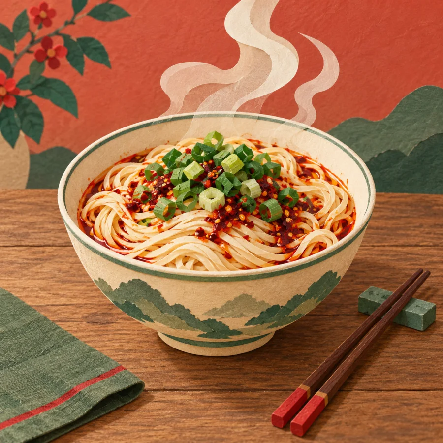 A steaming bowl of noodles with greens and red oil