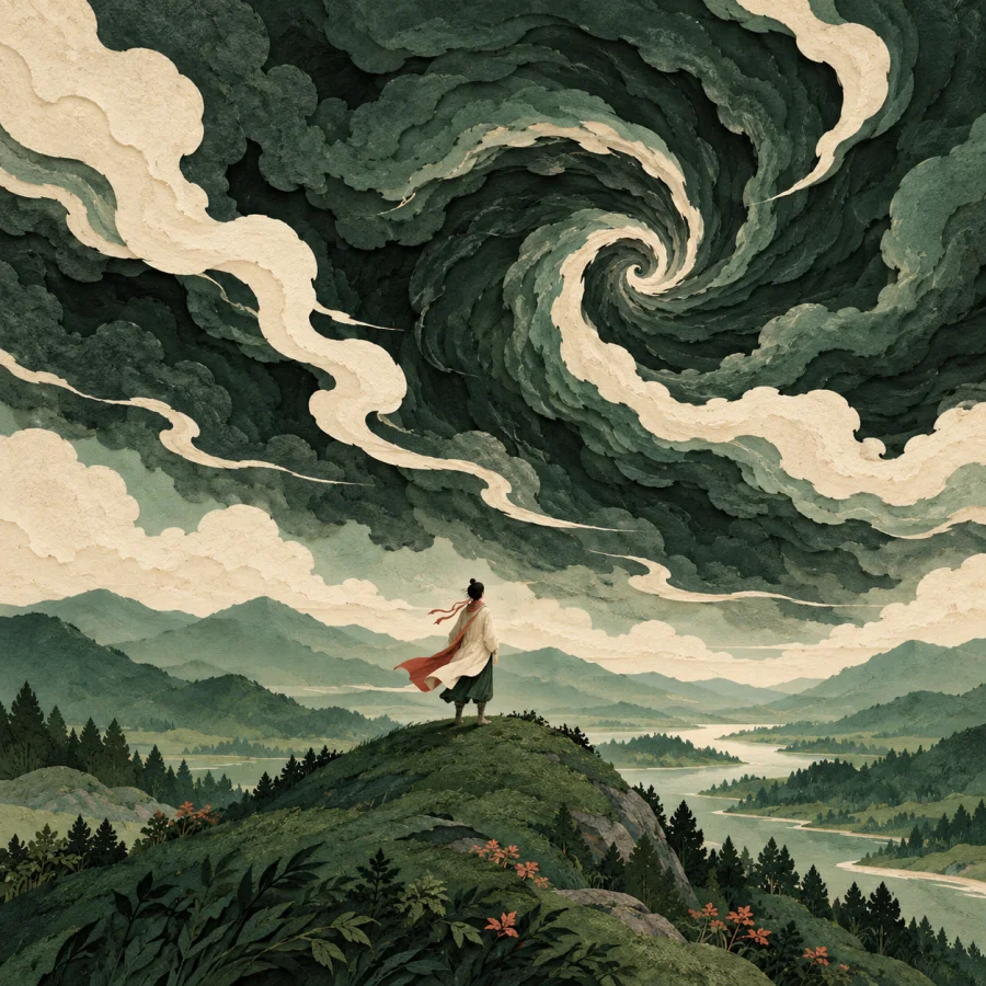 A person on a hill watches dark swirling clouds