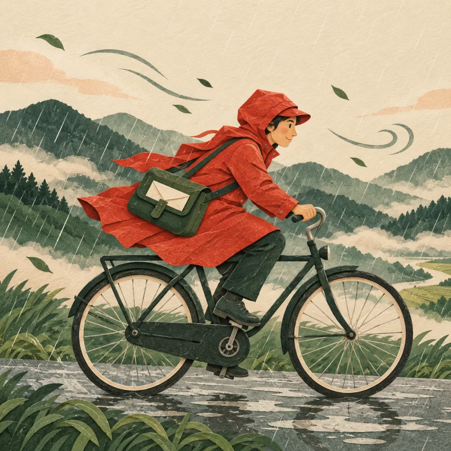 A mail carrier in a red raincoat cycles through rain