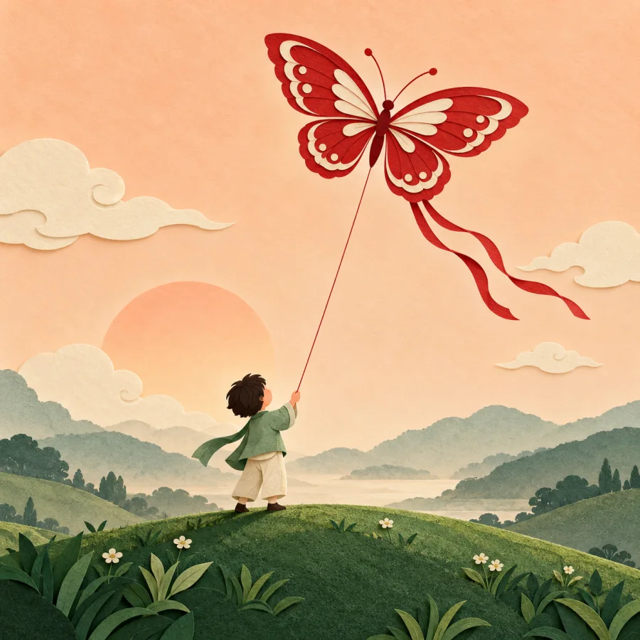 A child flies a red butterfly kite on a hill