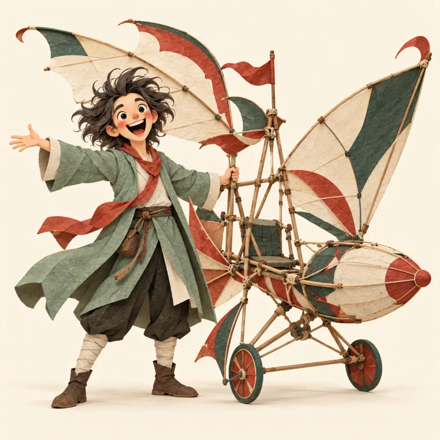 A wild-haired person laughs beside an odd contraption