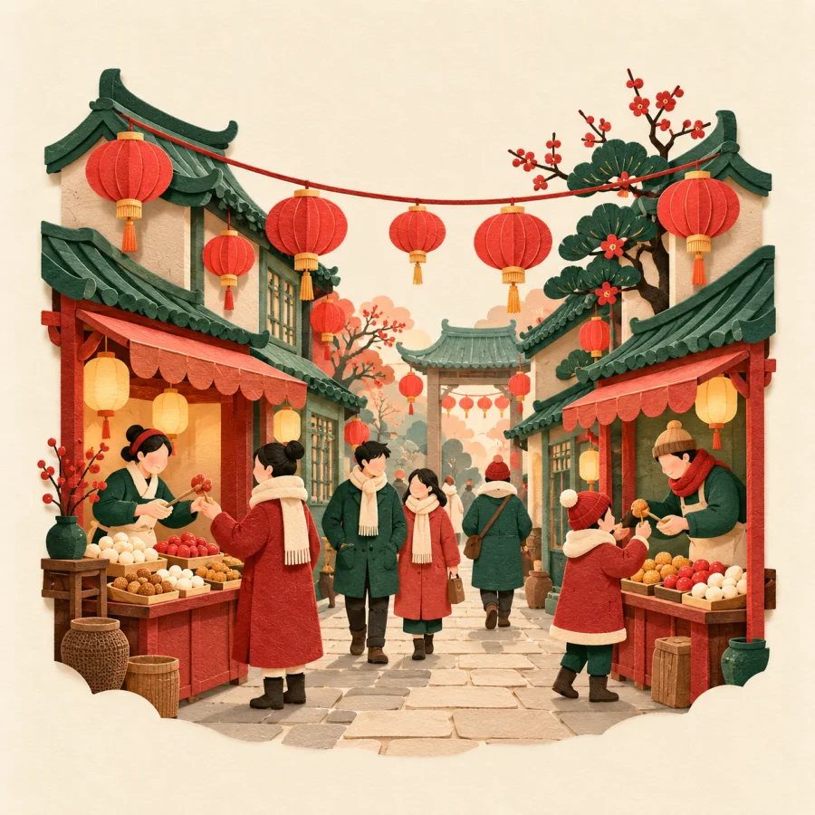 A lively street with red lanterns and strolling people