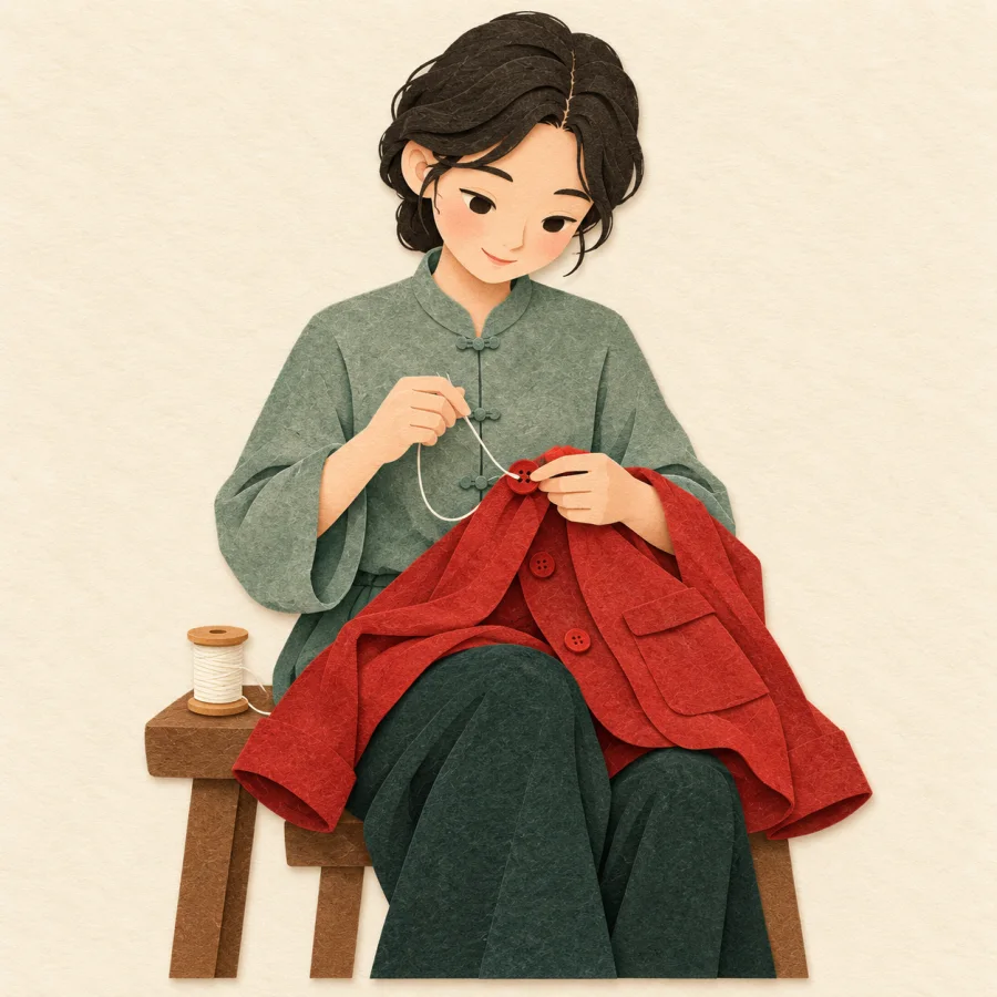 A person sews a button onto a red jacket