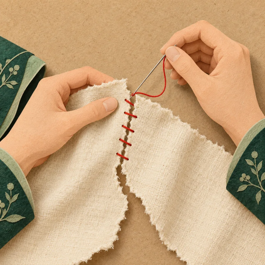 Hands join two pieces of cloth with red thread