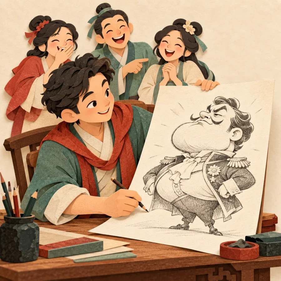 A cartoonist draws a funny puffed-up figure
