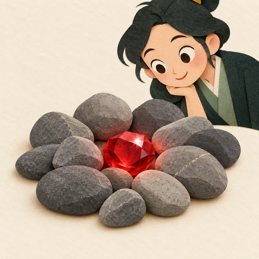 One shining red gem among plain grey pebbles