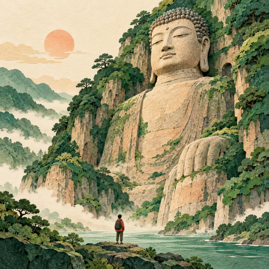 A stone statue with closed eyes on a green cliff