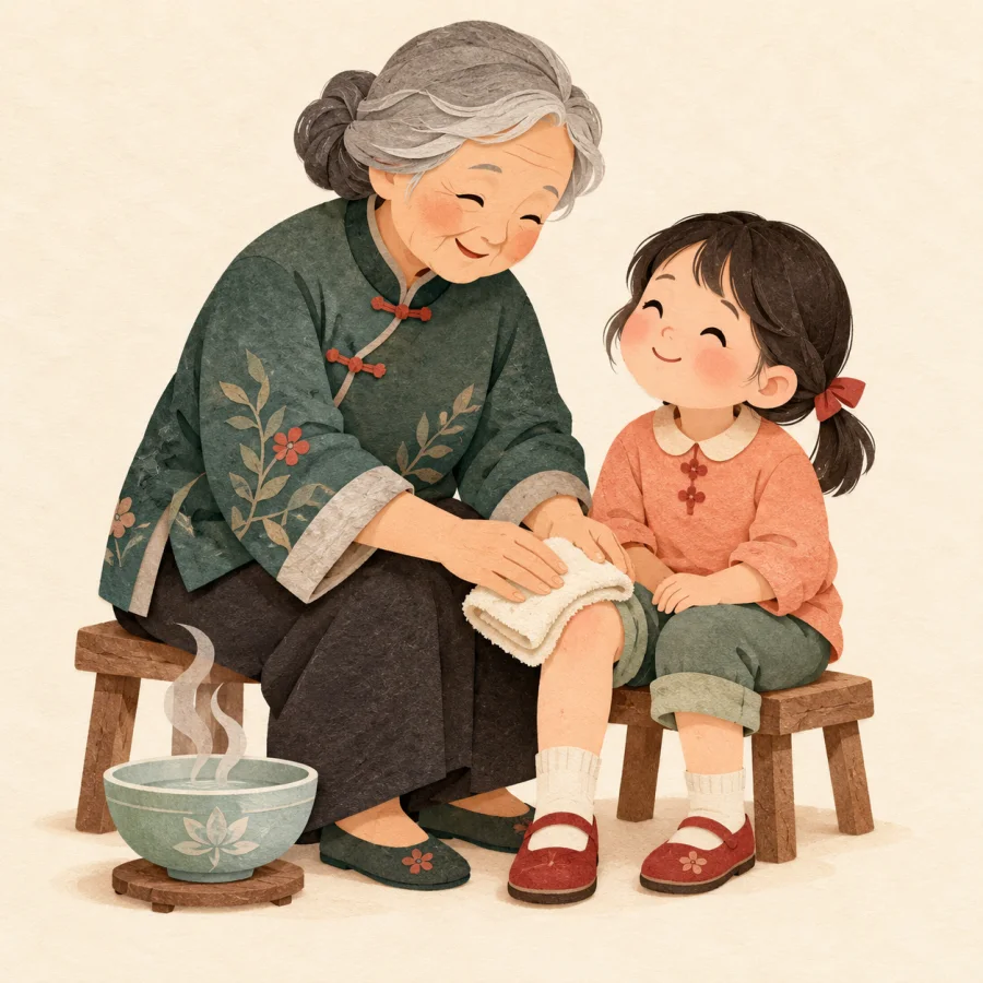 A grandmother presses a warm towel on a child's knee