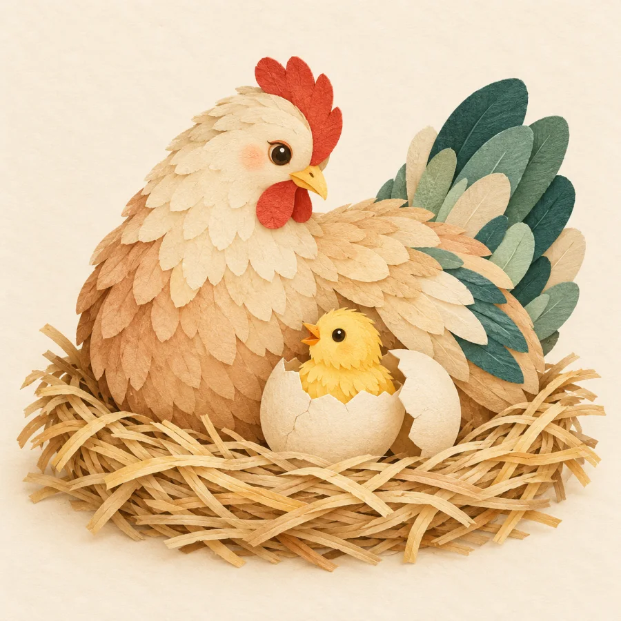 A hen on a nest and a small chick by a cracked egg