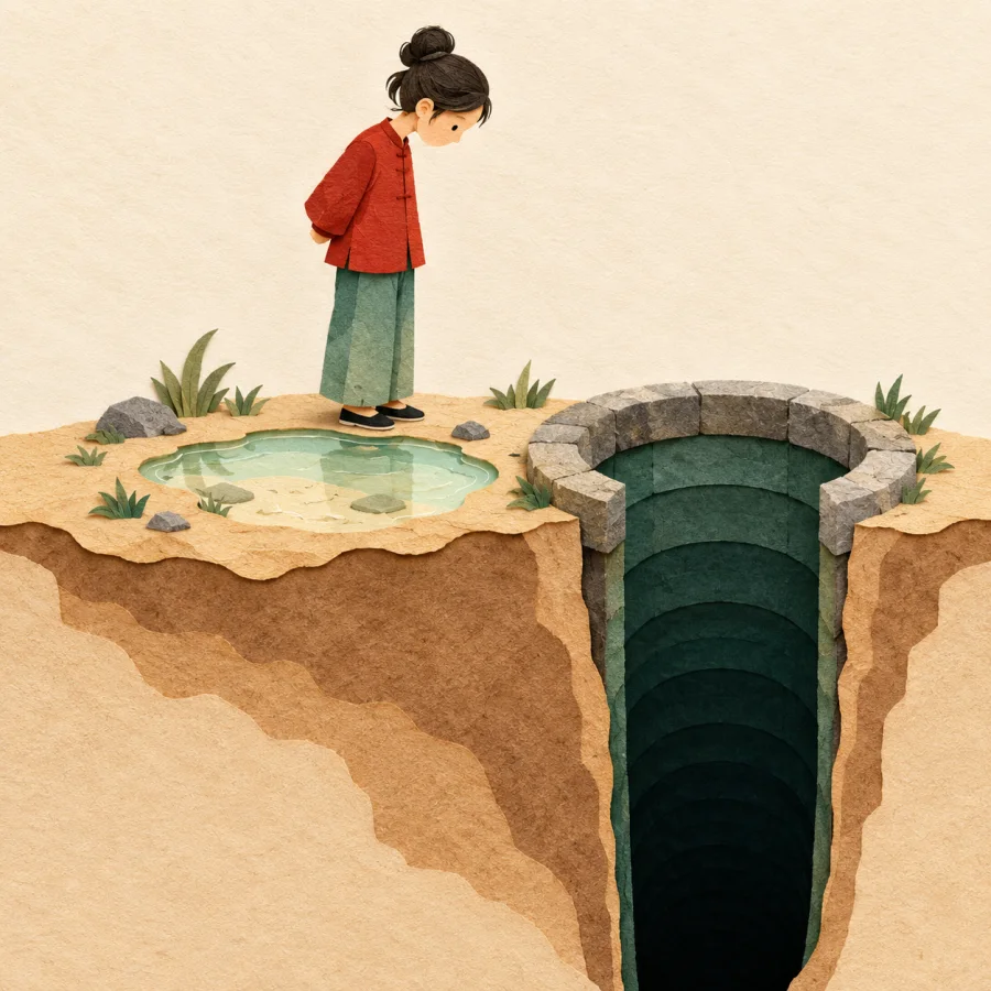 A person looks into a shallow puddle beside a deep well