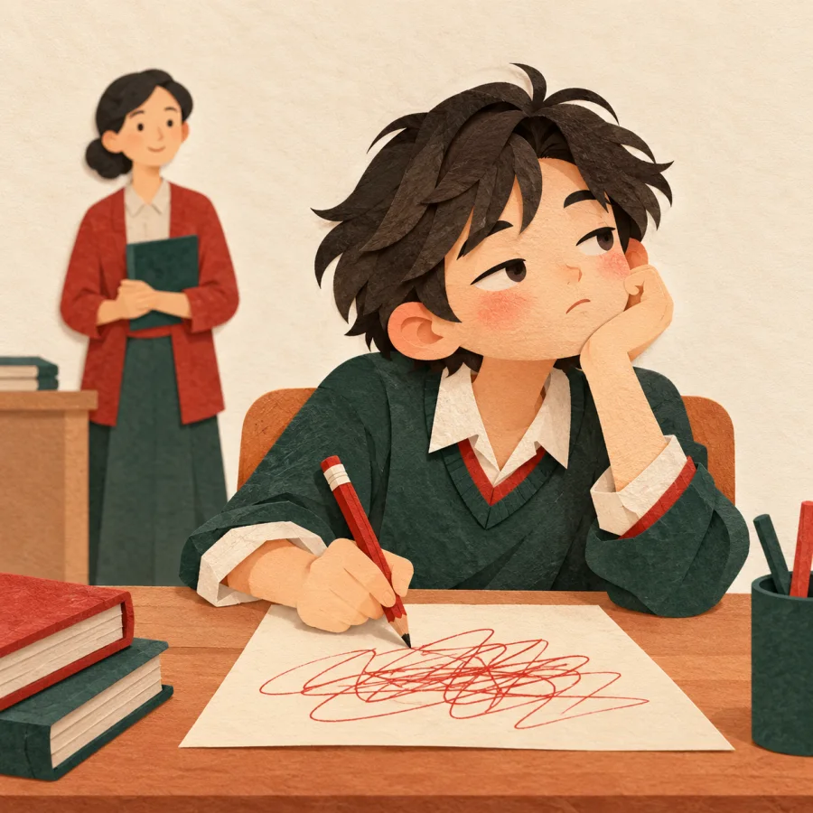 A student scribbles carelessly while looking away