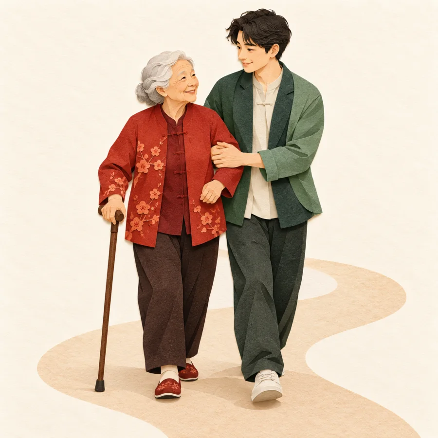 A young person supports an elder's arm on a path