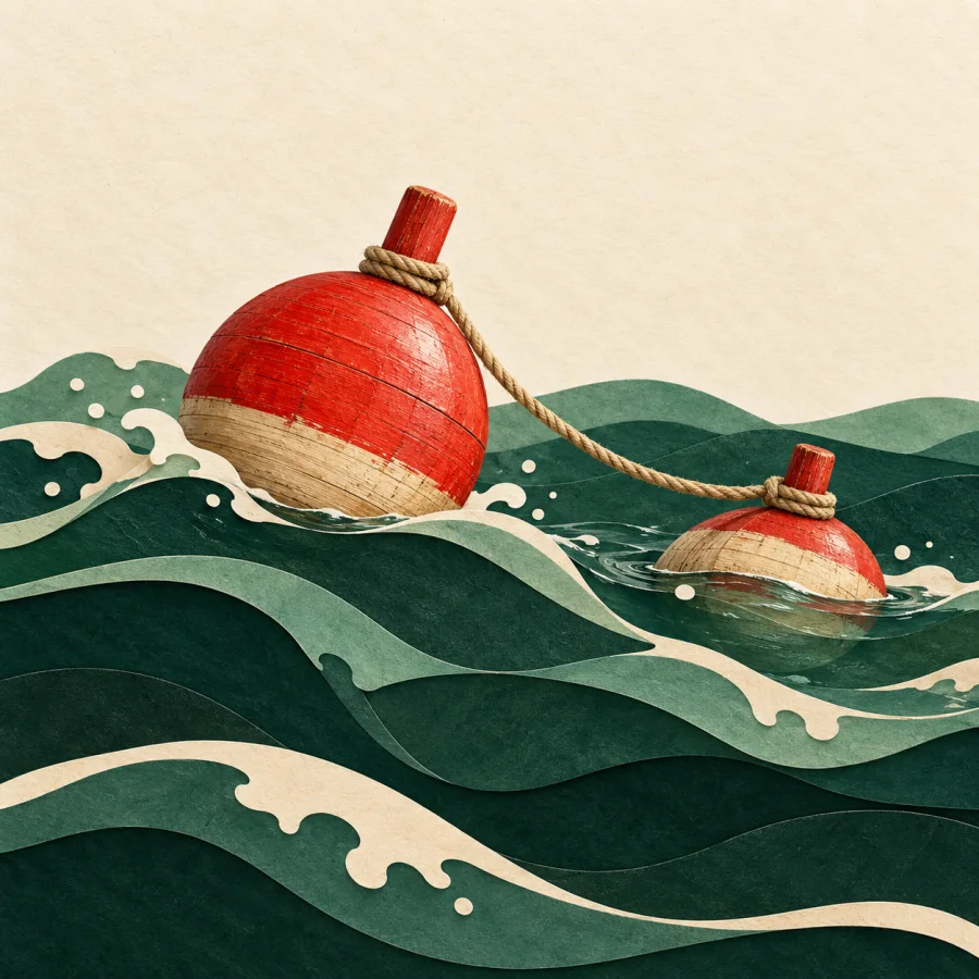 Floats bobbing on waves, one high and one lower