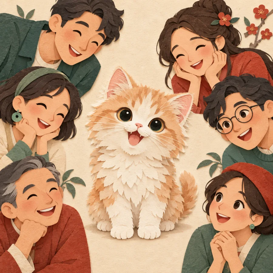 A family leans in delighted over a fluffy kitten
