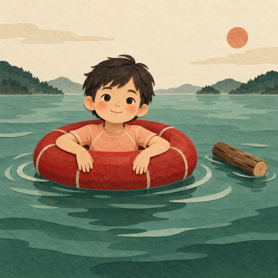 A child floats on a red ring beside a log