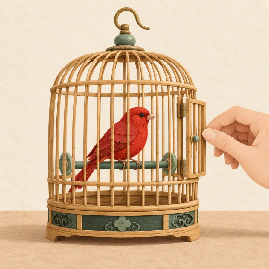 A hand closes the door of a bamboo cage with a bird