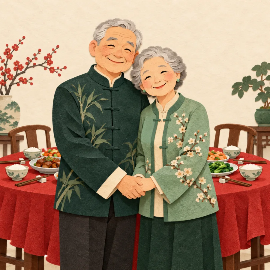 An elderly couple hold hands by a set table
