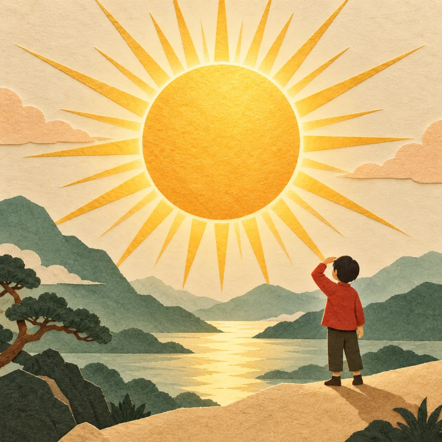 A sun with straight rays over fields and a person