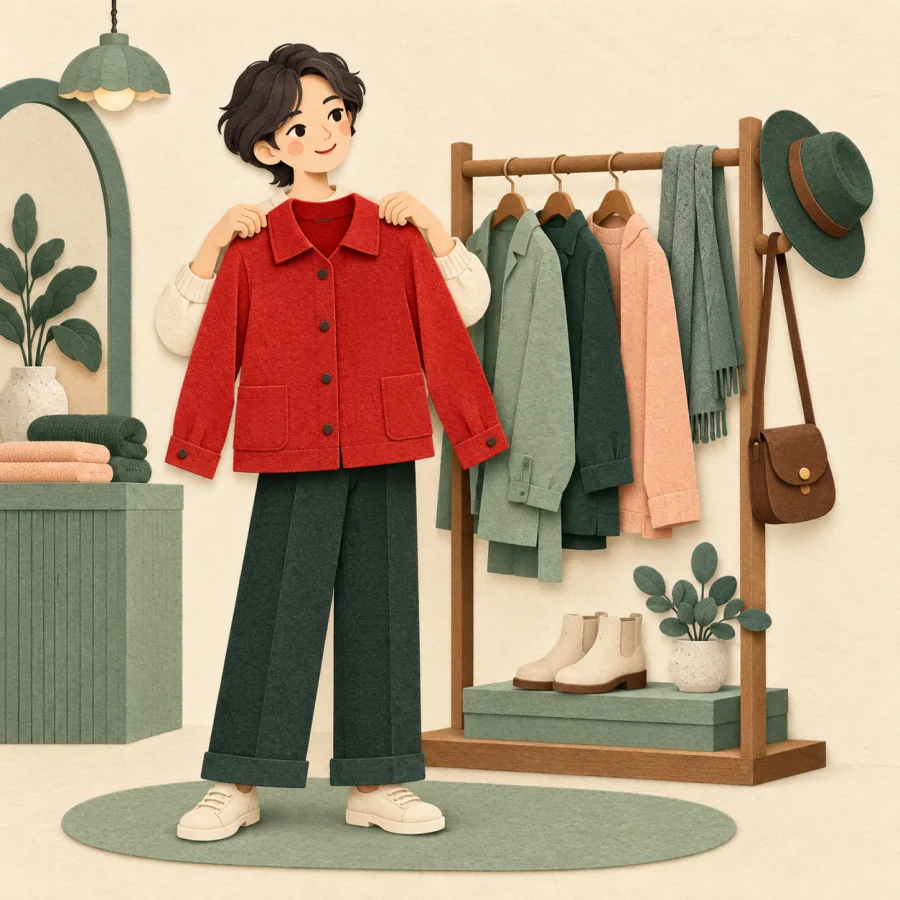A customer holds up a red jacket by a clothes rack
