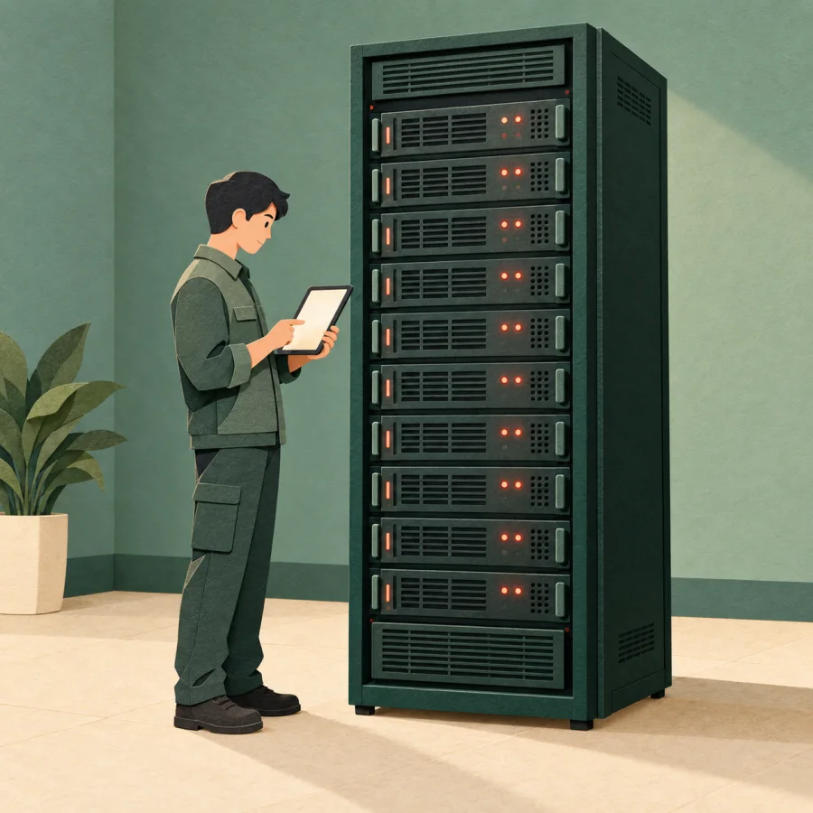 A technician with a tablet beside a server rack