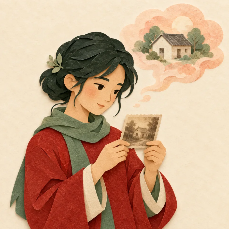 A person looks at a photo; a misty house floats above