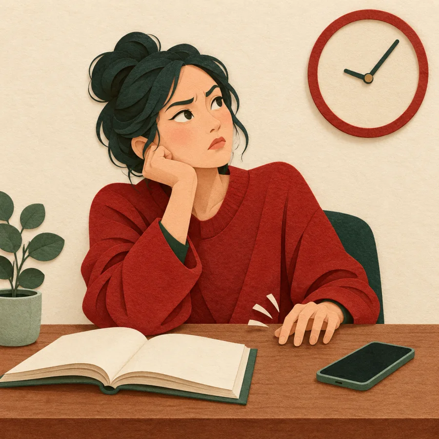A person at a desk drums fingers and checks the clock