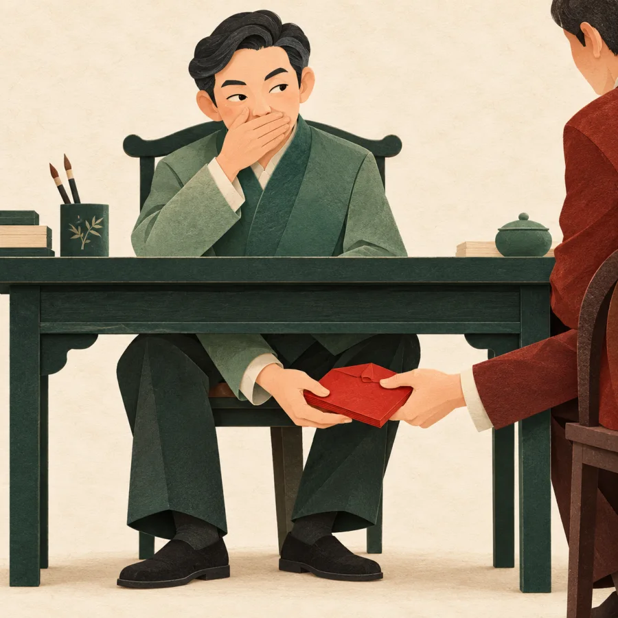 A person accepts a thick red envelope under a desk